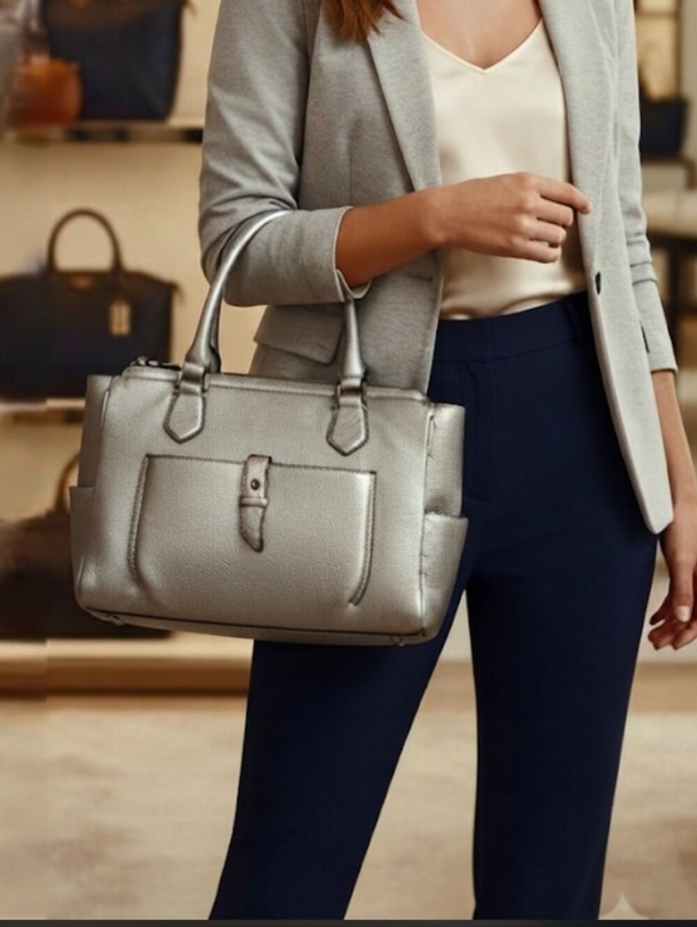 Cole Haan Silver Metallic Pebbled Leather Tote Satchel Purse Silver Hardware